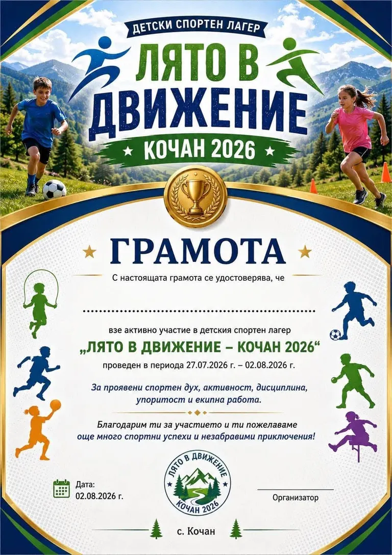 Грамота за участие в детския спортен лагер „Лято в движение – Кочан 2026“